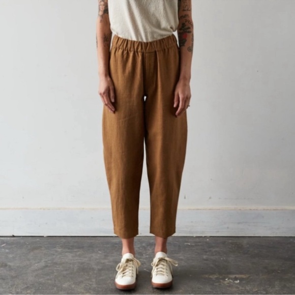 7115 By Szeki Pants - 7115 By Szeki brown Linen Signature Elastic Pull-Up Trouser Pants size xsmall